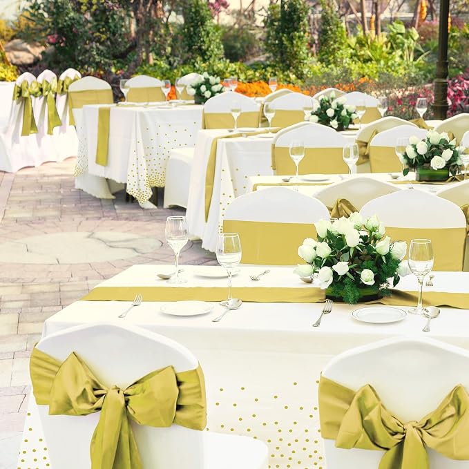 12 Pack White and Gold Tablecloth and Table Runner Set Party Decorations, White and Yellow Gold Plastic Disposable Tablecloth and Satin Table Runner for Wedding Birthday Graduation Anniversary Party