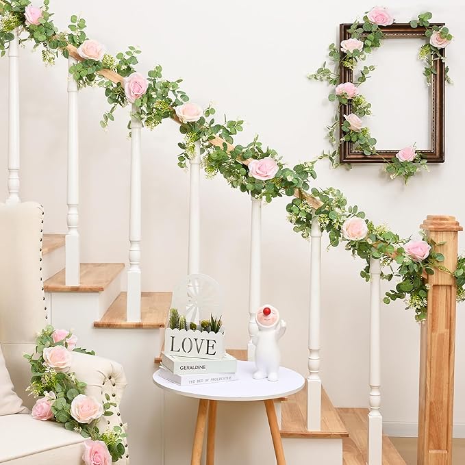 Dolicer 4Pcs 26 Ft Artificial Eucalyptus Garlands with Flowers - 8 Roses, Faux Floral Greenery Garlands Fake Flowers Vines for Wedding Table Centerpieces Arch Party Ceremony Backdrop Decor (Pink)