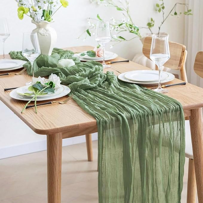 8 Pack Sage Green Cheesecloth Table Runner 21x120 Inch Gauze Table Runners Reusable Polyester 10ft Boho Rustic Cheese Cloth Table Runner for Wedding Party Baby Shower
