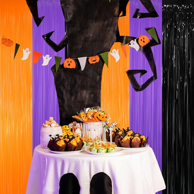 GOER 3.2 ft x 8.2 ft Metallic Tinsel Foil Fringe Party Backdrop for Halloween Birthday Graduation New Year's Party Decorations(5 Packs,Black&Orange&Purple)