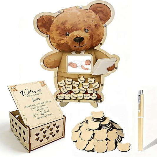Bear Baby Shower Guest Book Set Brown Baby Shower Decorations with Photo Frame Sonogram Keepsake Wooden Guestbook Alternatives with Bear Wooden Slices for Birthday Party Reception Wedding
