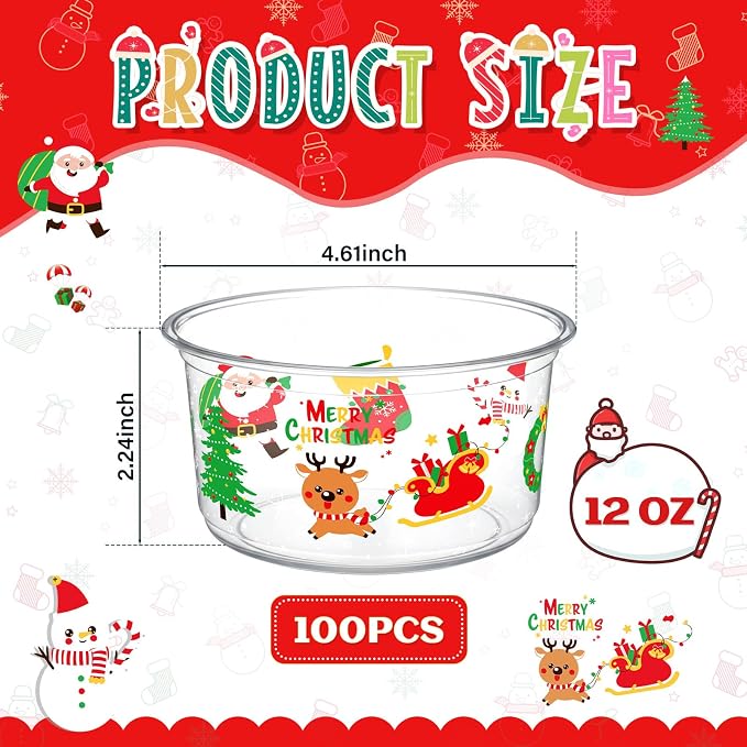 SiliFine 100 Pcs Christmas Plastic Bowls Bulk 12 oz Disposable Xmas Snack Bowls Clear Santa Cups for Christmas Party Serving, Salads, Fruit, Desserts, Parfaits, Snacks, Special Events