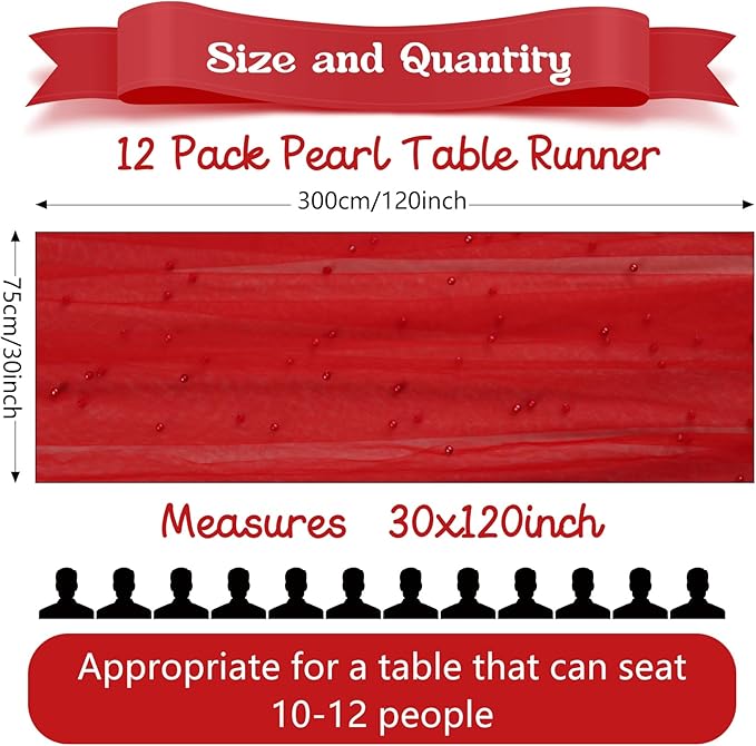Fivenl 12 Pack 10FT Pearl Table Runner 30x120 Inch Red Tulle Fabric Boho Rustic Sheer Table Runners Lace Table Cloth for Wedding Bridal Shower Birthday Party Arch Veil Dessert Table Decor (Red)