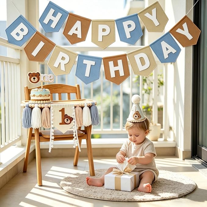 Bear 1st Birthday Decorations For Boy Girl Neutral High Chair Banner Set with Birthday Felt Banner Cake Topper Party Hat for baby first birthday