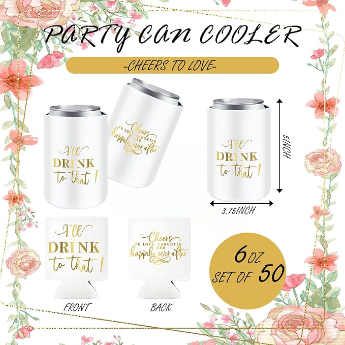SiliFine 101 Pcs White Wedding Can Cooler Bulk Engagement Party Favors for 100 Guests Cheers to Love Laughter, and I'll Drink Can Cooler with Wooden Wedding Table Sign Bridal Shower Favor