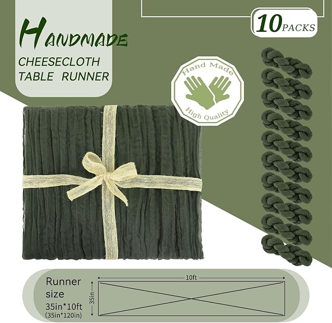 10 Packs Cheesecloth Table Runner Hunter Green, 10Ft x 35" Deep Green Rustic Gauze Boho Wedding Table Runner Decoration, Wedding Table Decor Table Cloth for Wedding Party Bridal Shower Table