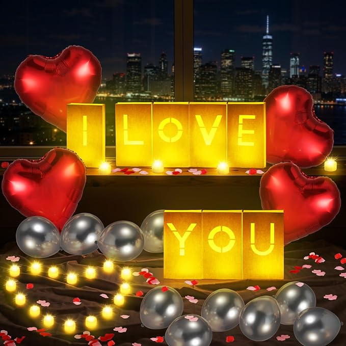 Lewondr I Love You Sign Light Up Letters, Valentines Day Decorations, Luminary Paper Bags with 6H Flameless Candles, Heart & Silver Balloons, 2000 Rose Petals, Surprise for Anniversary Romantic Decor