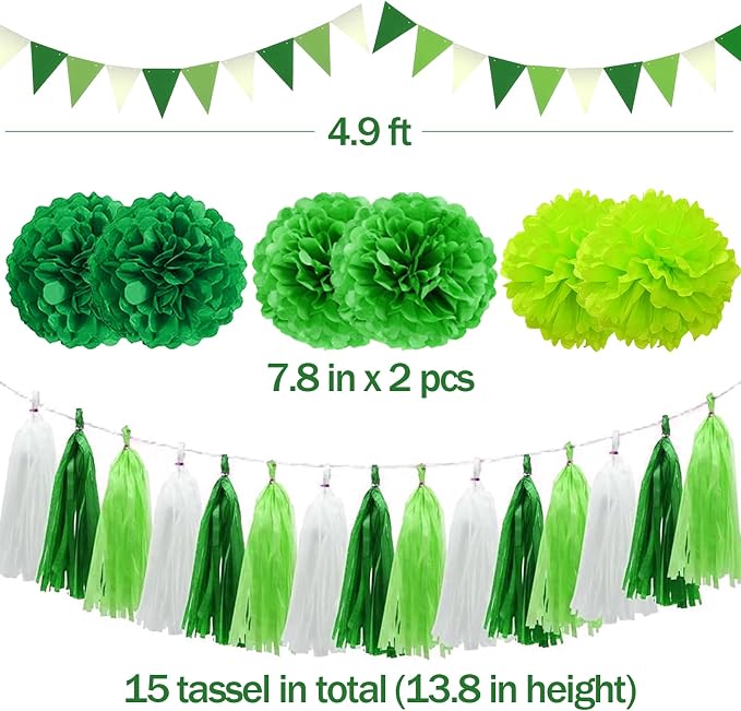 Green Party Decorations Set Birthday Paper Fan Tissue Pom Poms Streamers Theme Party Supplies Tassel Garland Banner Dinosaur Parties Arbor Day