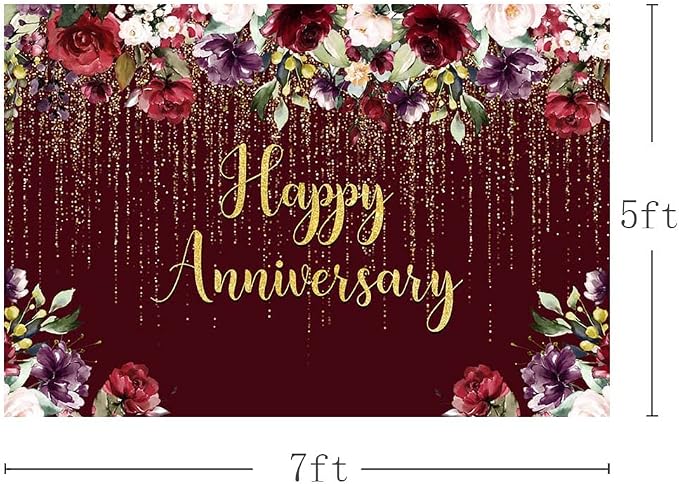 AIBIIN 7x5ft Happy Anniversary Backdrop Gold Glitter Burgundy Wedding Anniversary Photography Background Couple Wedding Women Birthday Floral Party Decorations Cake Smash Decor Studio Photo Backdrop