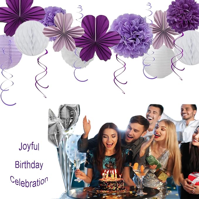 Birthday Party Decorations Kit Purple Violet & White, Happy Birthday Banner Garland Paper Pompoms, Flower Fans, Honeycom Ball , Lantern, Hanging Swirls, 20pcs