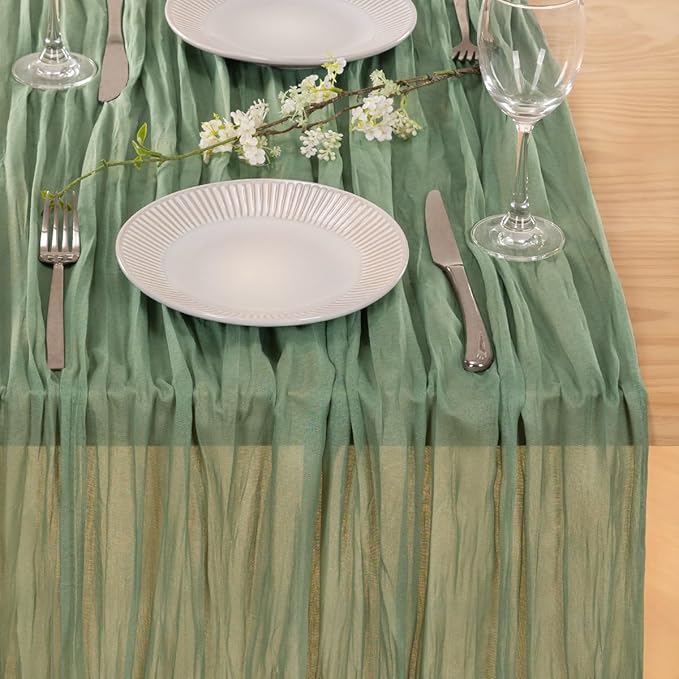 MLMC 8 Pack Sage Green Table Runner 10ft Rustic Gauze Spring Cheesecloth Table Runner 35x120 Inches Cheese Cloth for Boho Wedding Bridal Shower Centerpiece Decor