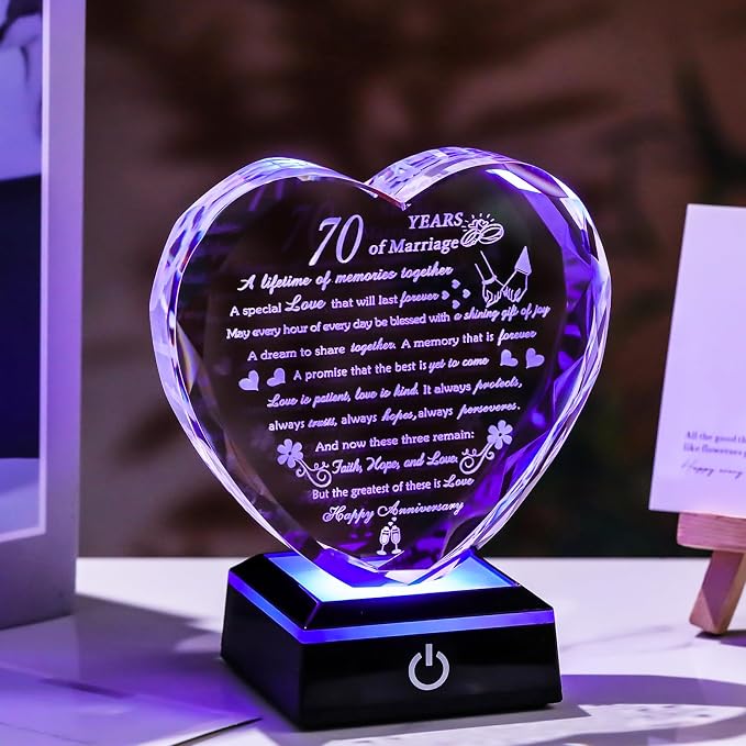 Happy 70th Wedding Anniversary Crystal Gifts for Couples Parents with Colorful LED Base, Romantic Heart 70th Anniversary Keepsake Gifts for Her Him, 70 Years of Marriage Gift for Wife Husband