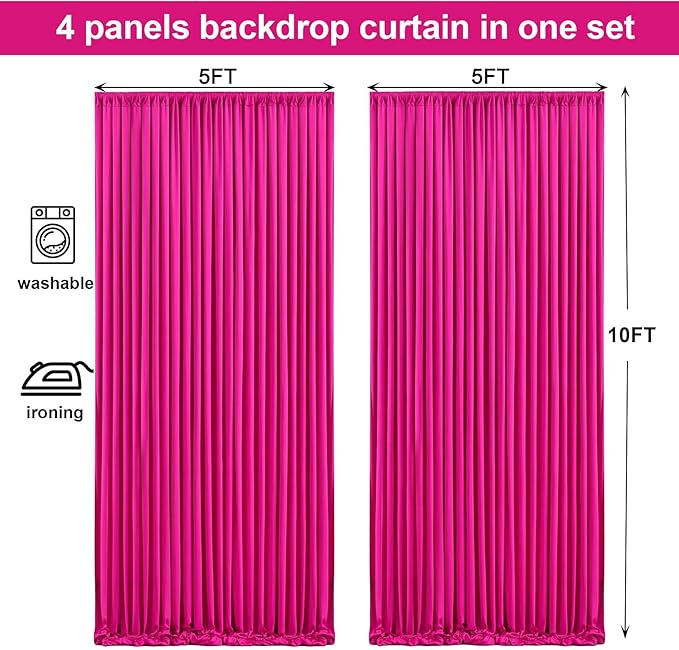 20x10ft Hot Pink Backdrop Curtain for Wedding Parties Wrinkle Free Fabric Fuchsia Drapes Backdrop Decoration for Baby Shower Birthday Photography Decoration 4 Panels, 5ft x 10ft