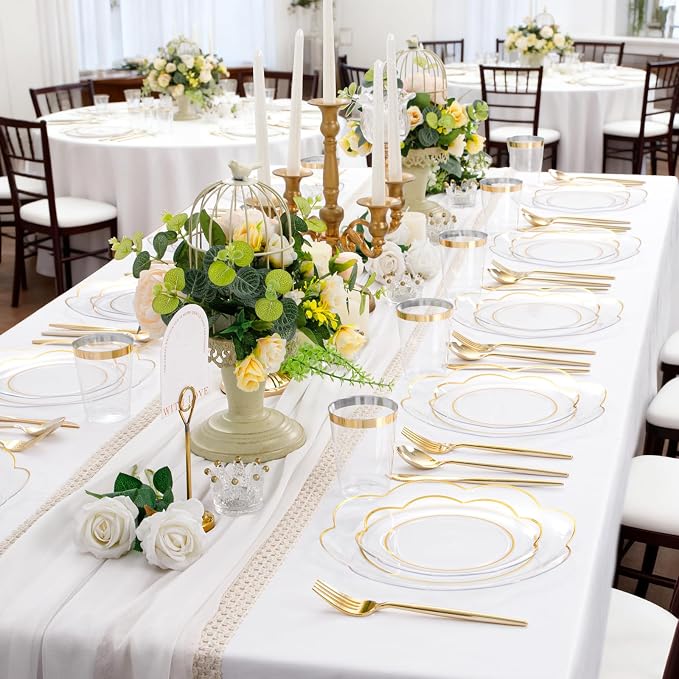 ejonirinjonir EI 180pcs Clear Plastic Plates with Gold Plastic Silverware, Plate for Party,Clear Dinnerware Set,Heavy Duty Plate for Wedding,Afternoon Tea,Spring,Mother's Day,Valentine's Day,Easter