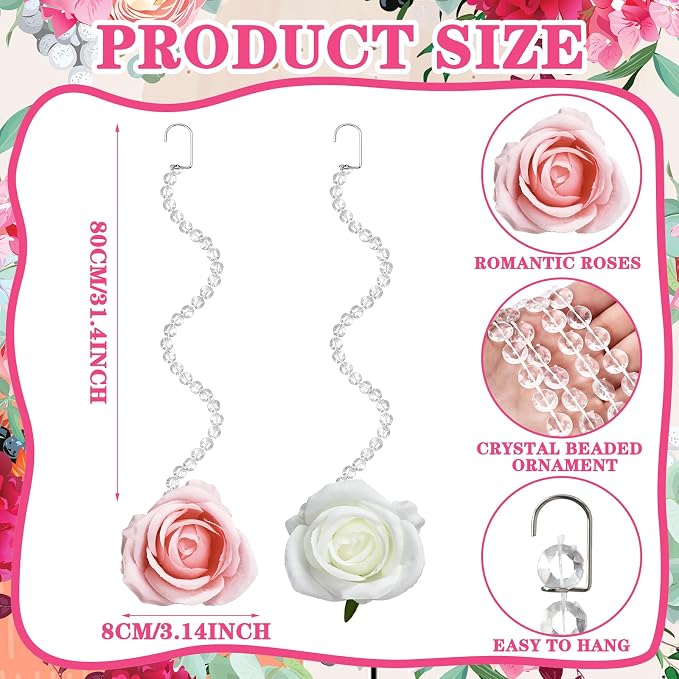 Norme 16pcs 31.4 Inch Wedding Rose Hanging Garland Crystal Beaded String Garland Artificial Rose Flower Decor for Wedding Engagement Bridal Shower Party Valentine's Day Party Decorations