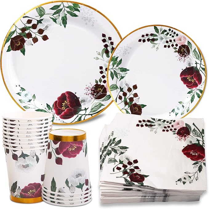 200Pcs Floral Paper Plates and Napkins Party Supplies - Bridal Shower Decorations Serves 50, Burgundy for Wedding, Birthday, Valentine's Day, Easter, Spring Party