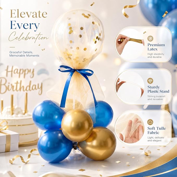BBTO 8 Set Blue Gold Balloon Centerpieces for Table, Balloons Stand Kit with Base Tulle for Wedding Birthday Grad Prom Centerpieces Party Back to School Baby Shower