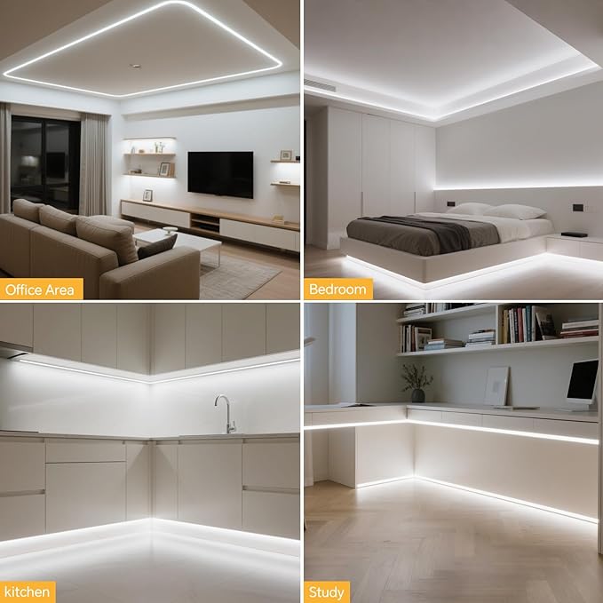 16.4FT Neon COB LED Strip Lights 24V 1400 LEDs Penetrable Wood Touch Sensor LED Rope Lights Waterproof White Dimmable Silicone Neon Light Strip for Indoors Bar Bedroom Cabinet Decor