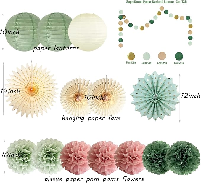 Sage Green and Dusty Pink Party Decorations Green & Pink Party Decor Sage Tissue Pom Poms Paper Lanterns Beige Paper Fans for Women Girls Birthday Wedding Bridal Shower Baby Shower Party Decor