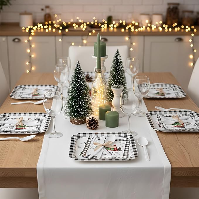 Ziliny 350 Pcs Christmas Party Supplies Christmas Tree Hanging Ball Party Tableware Set Square Paper Plates Disposable Napkins Cups Plastic Cutlery for Xmas Holiday Serves 50 Guests (Xmas Plaid Tree)