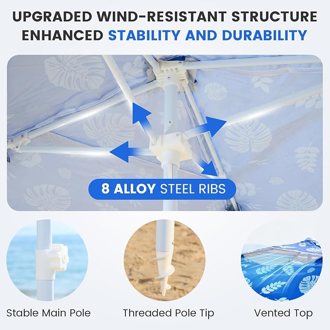 Zeraty Beach Cabana 8'×8', Portable Beach Canopy with Side Wall, UPF 50+ Silver-Coated Beach Tent Sun Shelter Easy Pop Up, Wind Resistant Adjustable Height Beach Umbrella Tent for Family, Coastal