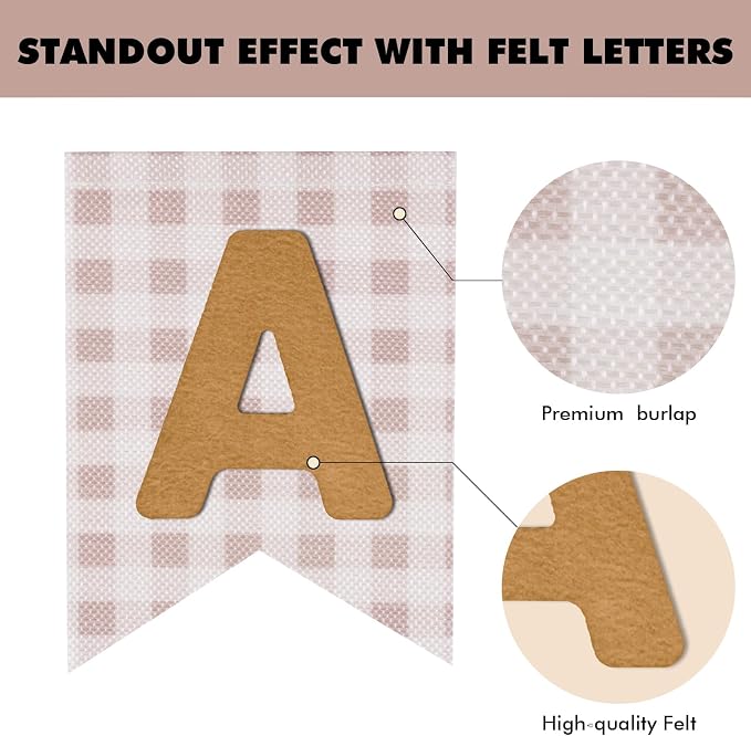 Custom Banner Kit - DIY Burlap Banner with 92 Felt Letters - Personalized for Birthday, Wedding & Party Decorations (beige gingham+beige letter)