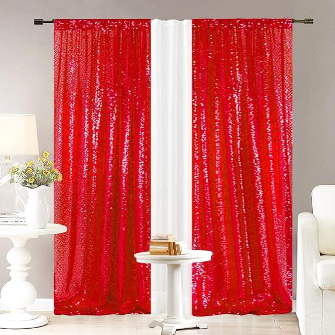 Eternal Beauty Sequin Backdrop Curtains, 2x8 Ft-2 Panels Red Back Drop for Mother's Day Shimmer Photography Party Wedding Birthday Decor