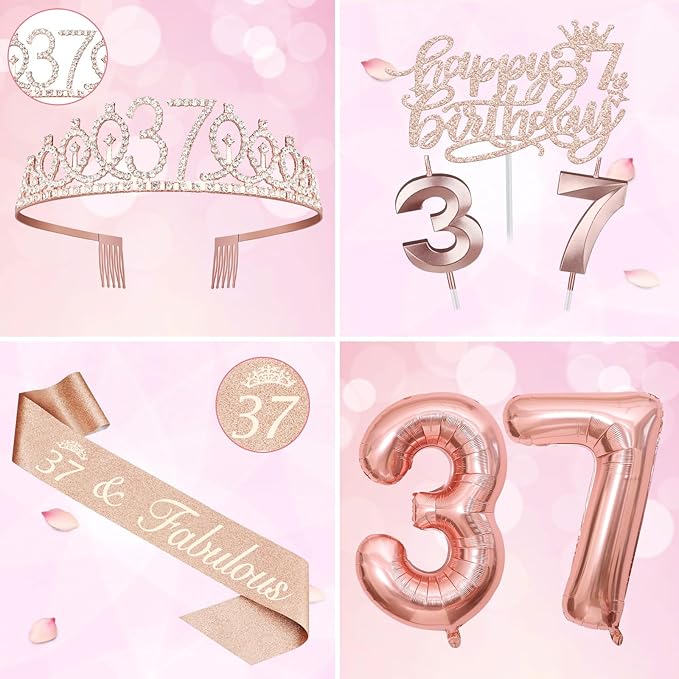 37th Birthday Decorations for Women, Including 37th Birthday Sash and Tiara, Cake Topper and Candles, Number Balloons, 37 Year Old Gifts for Women