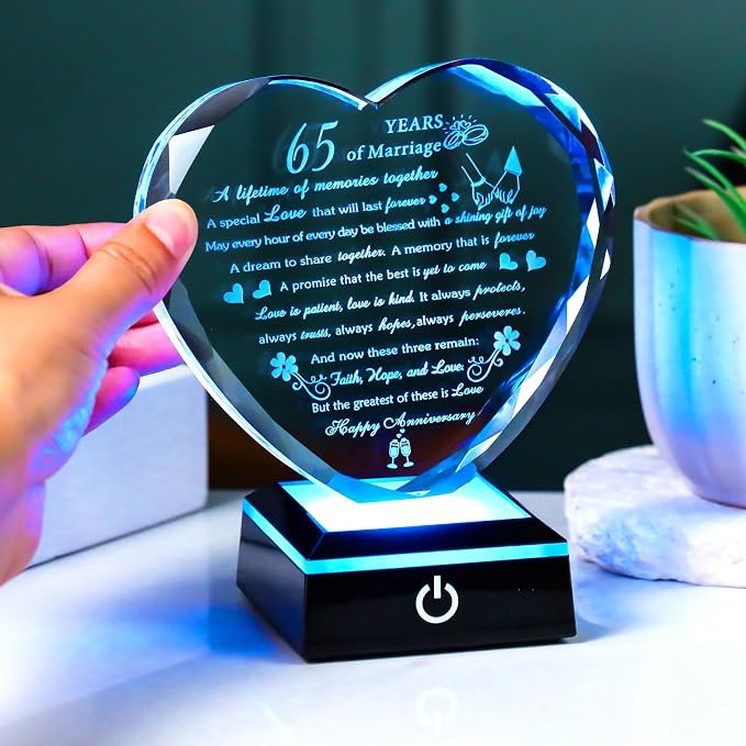 Happy 65th Wedding Anniversary Crystal Gifts for Couples Parents with Light Base, Romantic Heart 65th Anniversary Keepsake Gifts for Her Him, 65 Years of Marriage Gift for Wife Husband