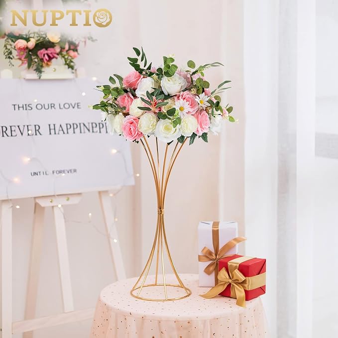 NUPTIO 2 Pcs Wedding Centerpieces for Tables, 19.7in Tall Metal Flower Trumpet Vase, Gold Vases for Centerpieces, Artificial Flower Display Rack for Birthday Party Dinner Event Hotel Home Decor