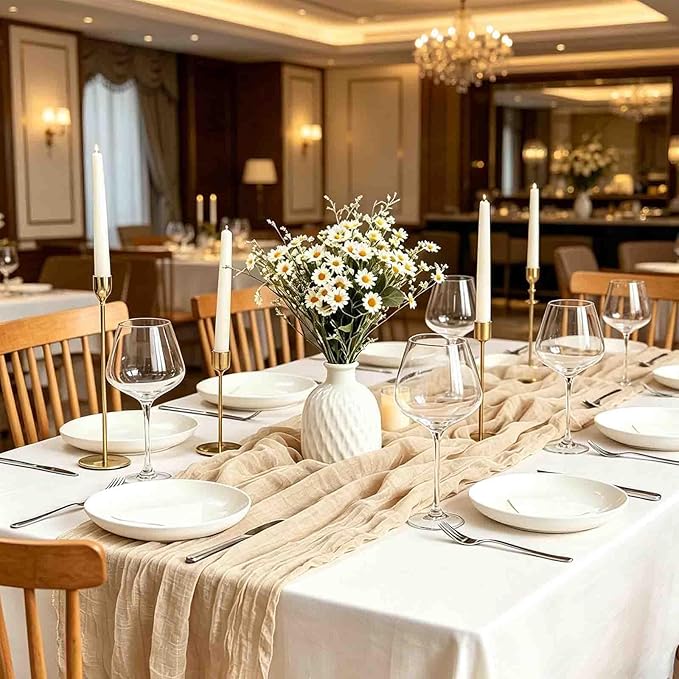 12 Pack Beige Cheesecloth Table Runner, 35x120 Inch Spring Gauze Cheese Cloth Table Runners 10 FT Beige Table Runner for Wedding Baby Shower Birthday Party Table Decors