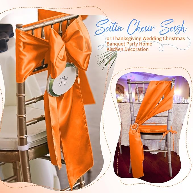 60 PCS Orange Satin Chair Sashes, Ties Bows Designed Chairs Decorative, Chair Cover Sashes for Thanksgiving Wedding Christmas Banquet Party Home Kitchen Decoration (7 x 108 inch)