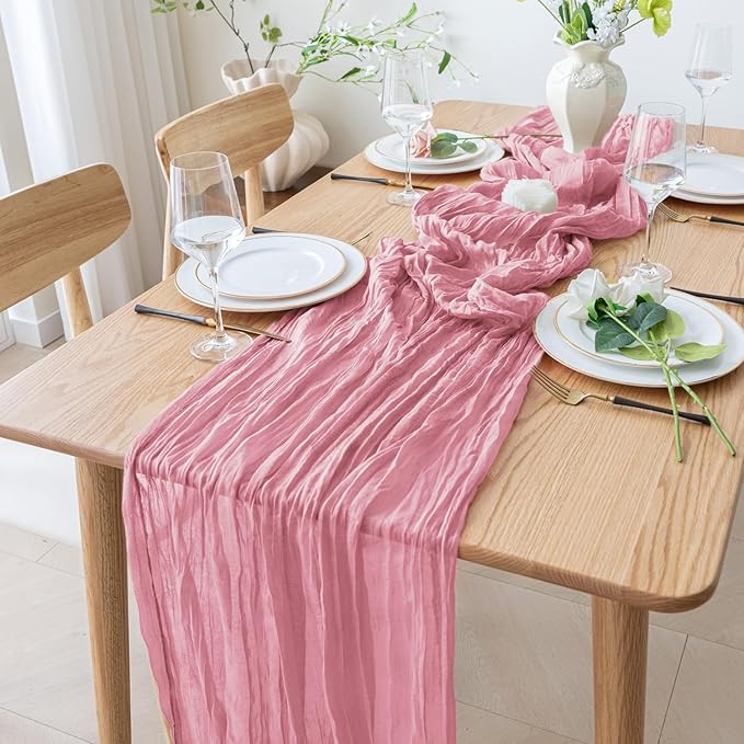 12PCS Table Runner Cheesecloth 10FT Pink Boho Gauze Cheese Cloth Rustic Sheer Table Runners for Wedding Birthday Bridal Baby Shower Party Decoration