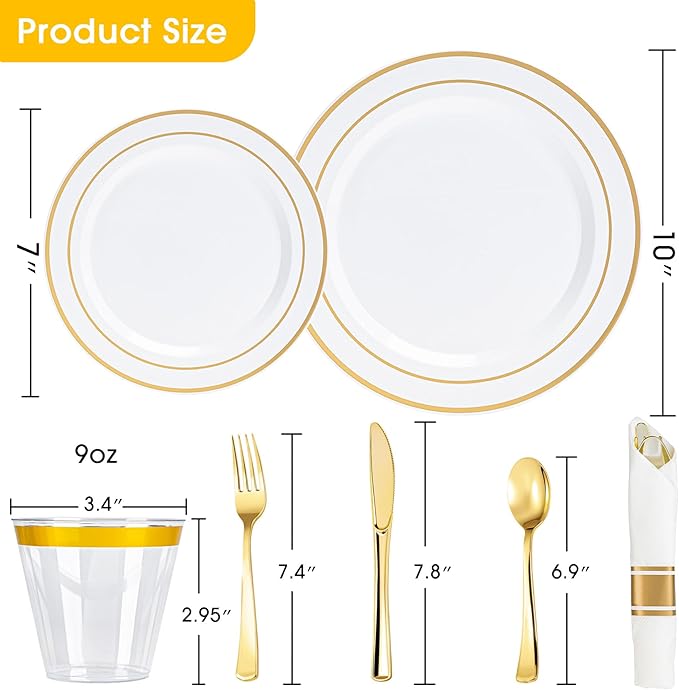 350 PCS White and Gold Plastic Dinnerware Set for 50 Guests, Disposable Party Plate for 50 Guests, Include: 100 Plastic Plates, 50 Pre Rolled Napkins with Gold Silverware, 50 Cups