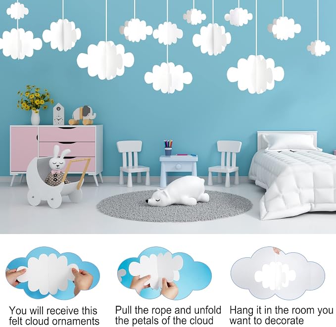 Ayfjovs 10 PCS 3D Cloud Decorations - White Hanging Clouds for Ceiling, Party Decorations, Ornaments, Wedding, Nursery, Children Room, Baby Baptism Party