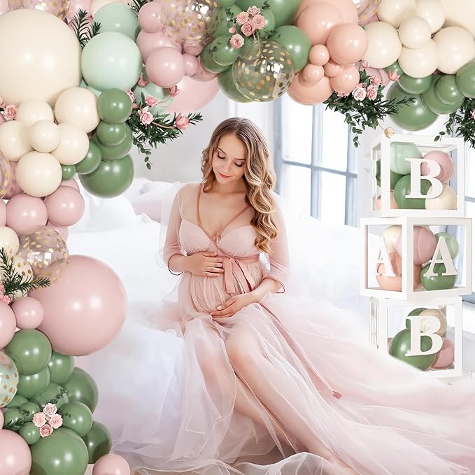 153Pcs Pink and Sage Green Balloon Arch Kit, Baby in Bloom Baby Shower Decorations for Girl Boxes with Letters (A-Z+Baby) for Boho Floral Baby Shower Birthday Gender Reveal Party Supplies