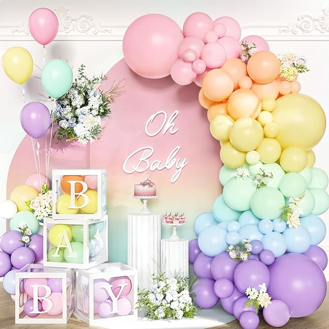 144Pcs Pastel Rainbow Balloon Arch Kit with 4 Baby Boxes - Macaron Pink Purple Blue Yellow Balloons for Unicorn Birthday, Ice Cream Theme, Baby Shower Girl Decorations