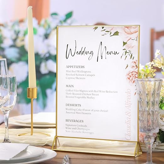 UNIQOOO Acrylic Sign Holders with Golden Border, Portrait View, Pack of 4 | 8.5x11 Inches Double Sided Clear Frame, Perfect for Wedding Reception, Centerpiece, Decoration, Party,Anniversary, Event