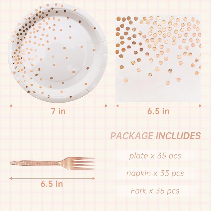 Serves 35 Guests White and Rose Gold Party Supplies,White and Rose Gold Birthday Paper Plates and Napkins,7" Disposable Party Dinnerware for Women