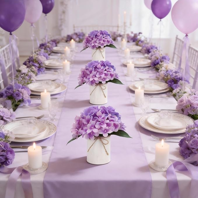 Flower Table Centerpieces - Set of 6 Floral Arrangement Artificial Wedding Hydrangeas Floral Arrangement with Rustic Metal Vase for Bridal Tea Party Event Decorations - Purple