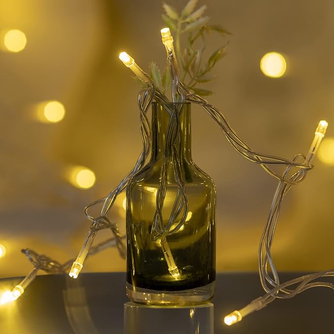 YULETIME 300 Warm White String Lights, 100 ft 8 Models Clear Wire 5mm LED | Wide Angle Bulbs, Safe 29V Adapter, Multimode Lighting, Connectable, 100' Total Length, 1-Strand 300 Lights, 4" Spacing
