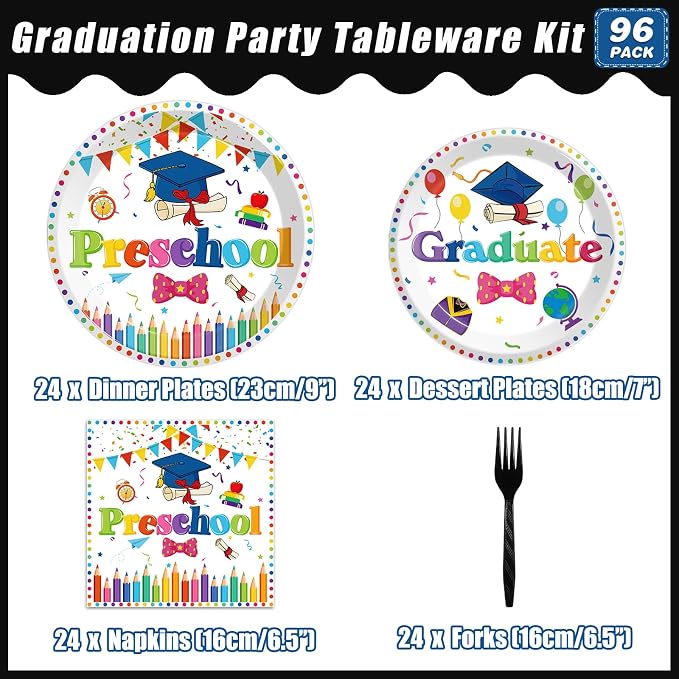 Kepeel 96pcs Preschool Graduation Party Plates and Napkins Set, Pre-K Grad Party Supplies Decorations Preschool Kindergarten Graduation Disposable Paper Plates for Boys Girls, Serves 24 (White)