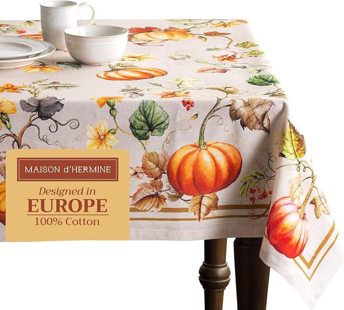Maison d' Hermine Table Cloth Rectangle Table 100% Cotton 70 x 108 Inches Fall Tablecloth Reusable Everyday Use for Thanksgiving Christmas Decorations Dining Farmhouse Party (Potiron)