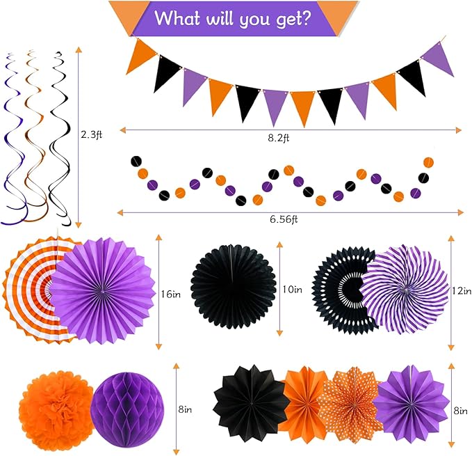 Halloween Party Decorations Paper Fans, Graduation Season Hanging Glitter Triangle Flags Banner Hanging Paper Fan Happy Birthday Banners and Triangular Flag, Bridal Shower,Purple Themed Birthday