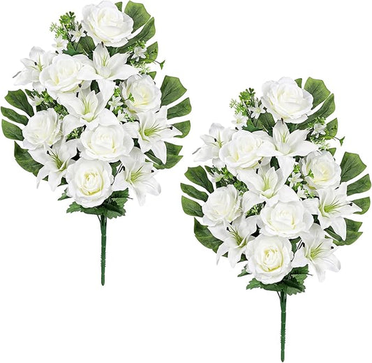 Briful 2 Set Artificial Cemetery Flowers for Grave, Silk Sympathy Grave Flowers Bouquet Fake Roses Lily Floral Arrangement for Outdoor Funeral Graveyard Headstones Vase Memorial Decor(White)