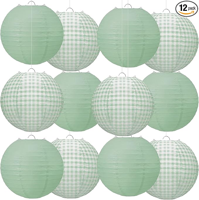 Honoson 12 Pcs Green Gingham Paper Lanterns Decoration10 Inch White and Sage Green Checkered Plaid Round Chinese Hanging Lanterns for Baby Boy Shower Wedding Birthday Picnic BBQ Decoration