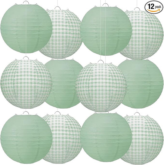 Honoson 12 Pcs Green Gingham Paper Lanterns Decoration10 Inch White and Sage Green Checkered Plaid Round Chinese Hanging Lanterns for Baby Boy Shower Wedding Birthday Picnic BBQ Decoration