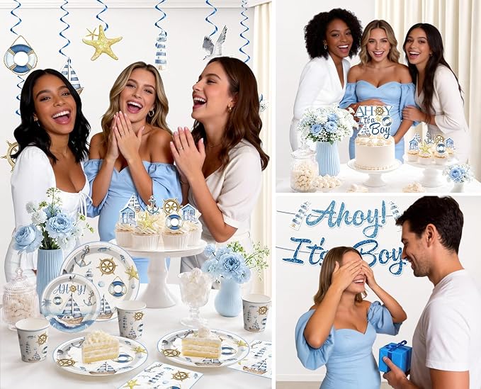 Xynic 205Pcs Ahoy Its a Boy Baby Shower Decorations Set - Serves 25 - All-in-One Nautical Party Decorations Kit with Balloons, Banner, Cake Topper, 350gsm Plates, Tablecloths, Backdrop