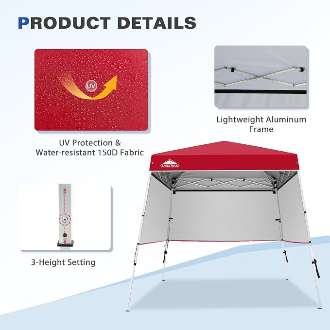 EAGLE PEAK Day Tripper 8x8 Aluminum Super-Lightweight Slant Leg Pop Up Canopy with 3 Removable Walls, Instant Outdoor Backpack Canopy Tent, Outside Beach Folding Sun Shelter, 8x8 Base 6x6 Top, Red
