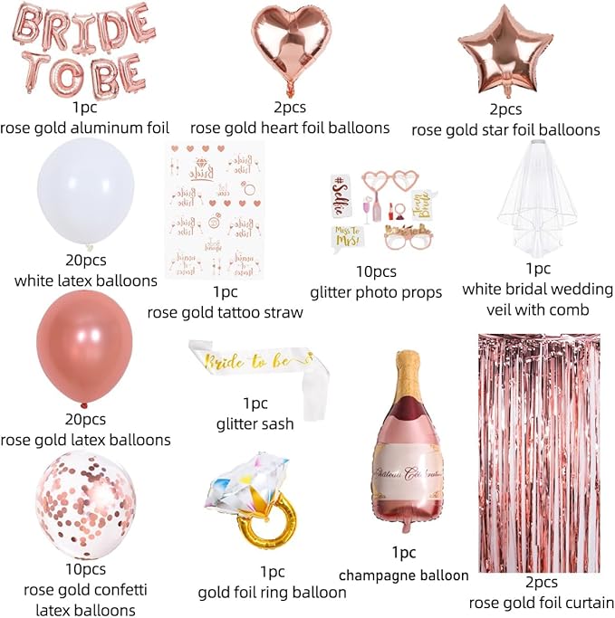 EFAILY Bachelorette Party Decorations - Rose Gold Bridal Shower Party Decor and Supplies Kit Bride To Be Sash, Veil, Temporary Tattoos, Confetti Balloons Pack Fringe Curtain.